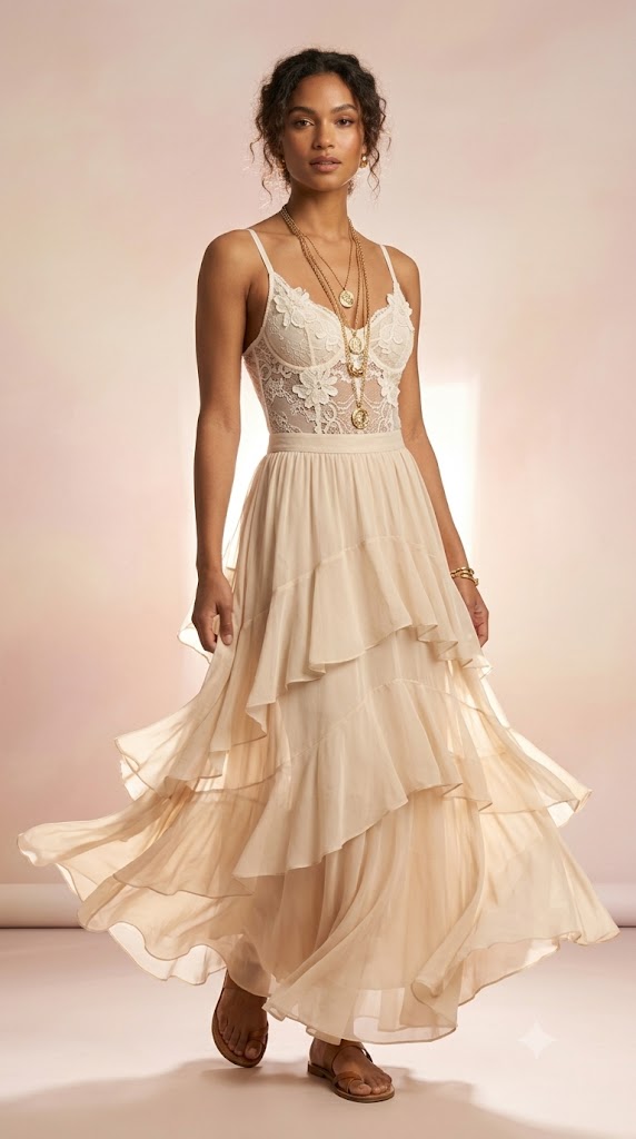 Sheer Lace Bodysuit with Tiered Chiffon Maxi Skirt